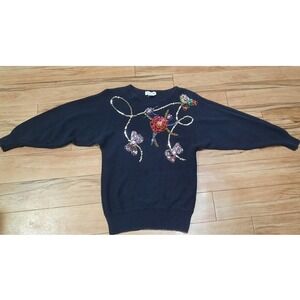 Vintage Victoria Jones Woman M Black‎ Knit Top Embellished With Sequins Beads